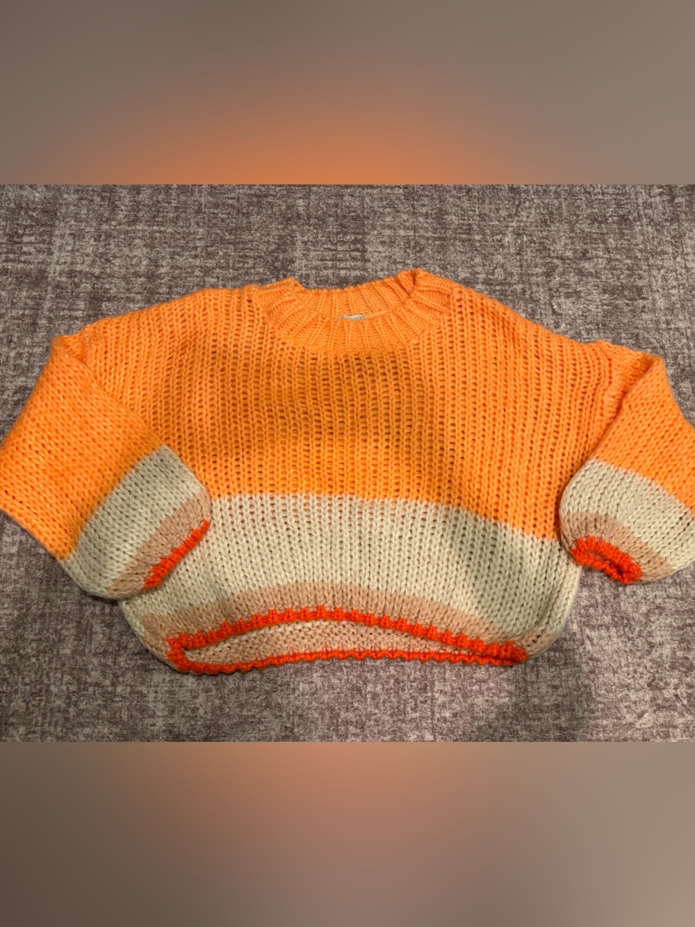Stradivarius Orange and Cream Cropped Crewneck Sweater